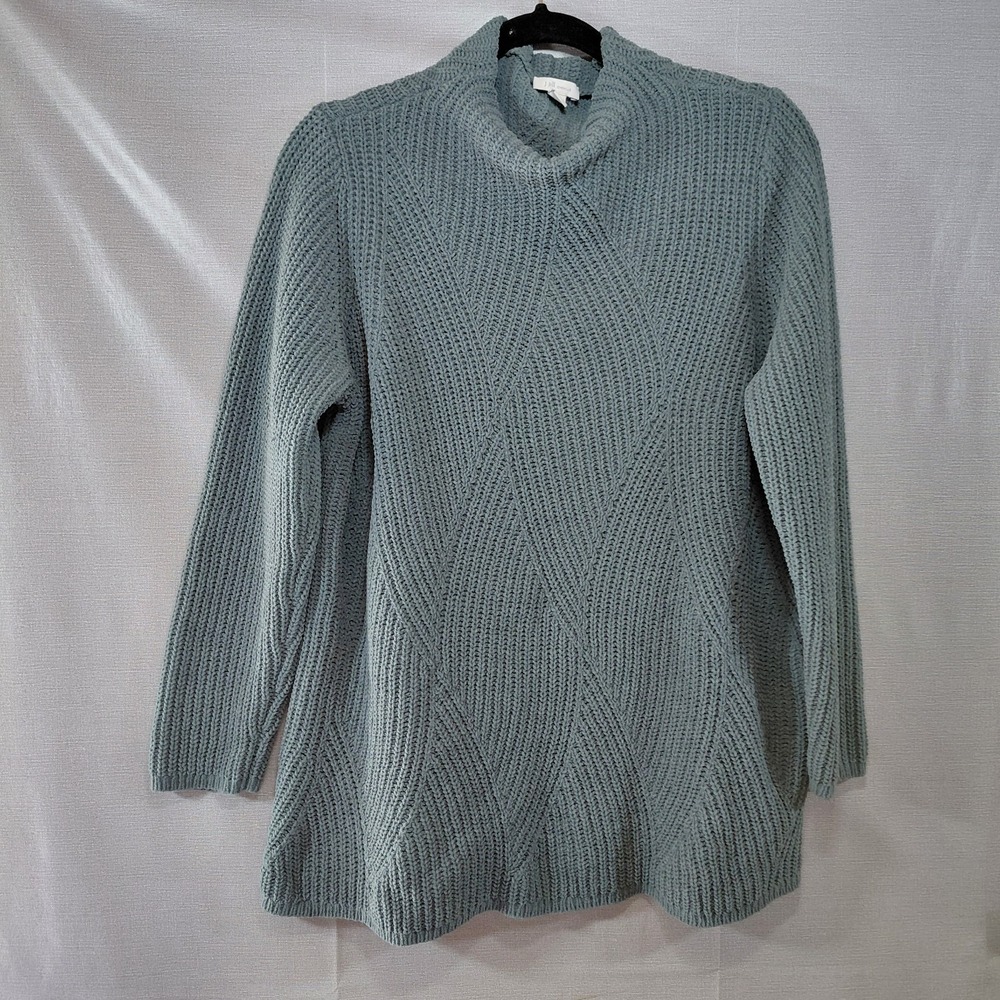 J. Jill Chenille Mock Neck Sweater Lg Petite Dusty Blue Chunky Ribbed Knit Soft